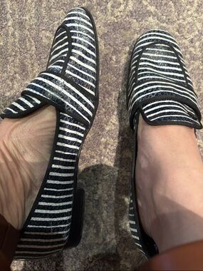 Tory Burch Black & White Striped Penny Loafers